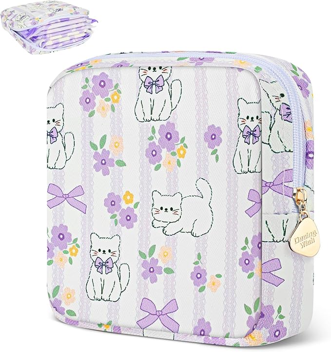 Sanitary Pad Storage Bag Portable Period Bag for Teen Pads/Sanitary Napkins/Small Tampons, Sanitary Napkin Storage Bag First Period Gifts for Teen Girls (Purple Bowknot Cat)