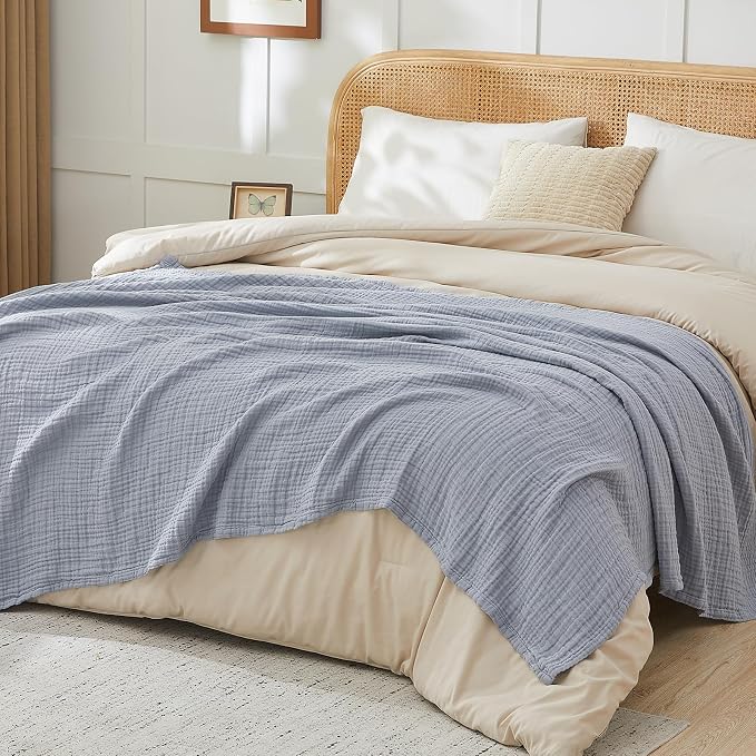 EMME Muslin Blankets for Adults Throw Blanket for Couch Breathable Gauze Soft Lightweight Airy Dusty Blue Twin 60" x 80"
