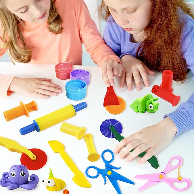 Clay and Dough Tools 12 Pcs Basic Dough Tools Set for Kids with Extruders, Rolling Pin, Cutters,Plastic Hand Scraper, Scissors