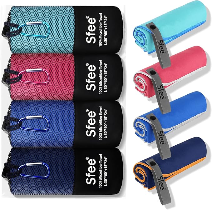Sfee 4 Pack(8Pcs) Microfiber Travel Towel, Quick Dry Beach CampingTowel Super Absorbent Compact Lightweight Sport Gym Towels for Beach, Gym, Hiking, Pool, Backpacking, Bath, Yoga(L:60"*30"+24"*15")