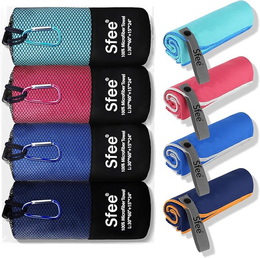 Sfee 4 Pack(8Pcs) Microfiber Travel Towel, Quick Dry Beach CampingTowel Super Absorbent Compact Lightweight Sport Gym Towels for Beach, Gym, Hiking, Pool, Backpacking, Bath, Yoga(L:60"*30"+24"*15")