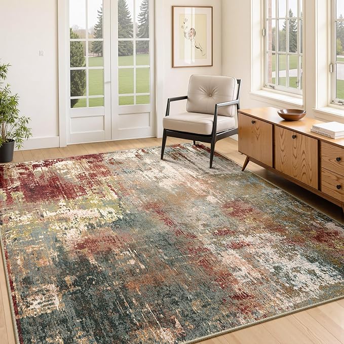 RELEANY Washable Area Rugs 4'x5' Non-Slip Modern Abstract Soft for Living Room Entryway Bedroom Kitchen, Print Pattern, Brown Rust Red Green Blue Multi