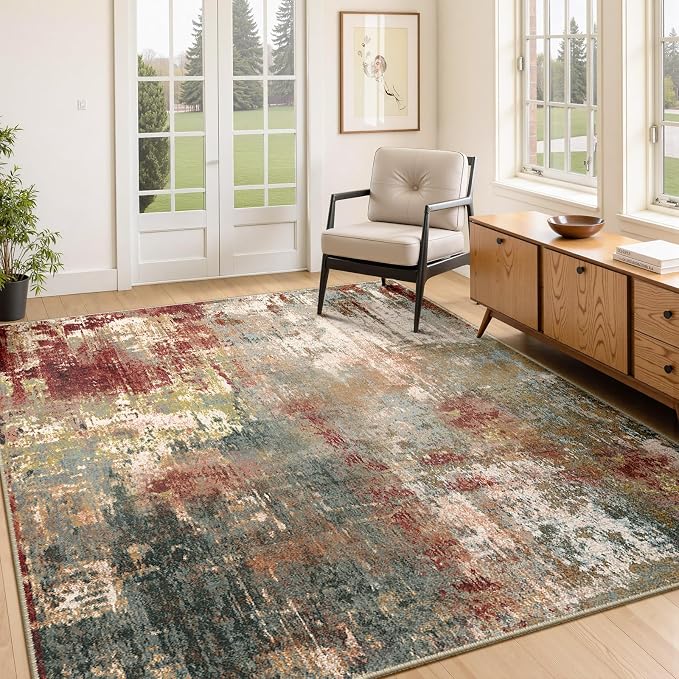 RELEANY Washable 4'x6' Abstract Area Rug for Living Room Rustic Brown | carpet for bedroom, kitchen, office, hallway and entryway, printed pattern, non-slip, soft, stain-resistant, easy to clean