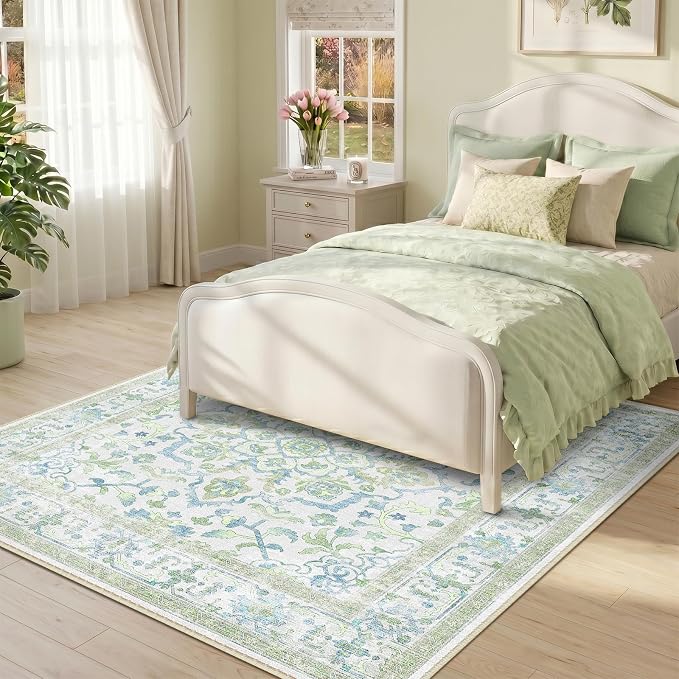 CAPALOCA Square 5ft Washable Nursery Girls Low Pile Area Rug Green Blue | Non-Slip Soft Rugs for Bedroom Kids Playroom Living Room, Print Pattern Water Repellent Carpet Indoor Decor