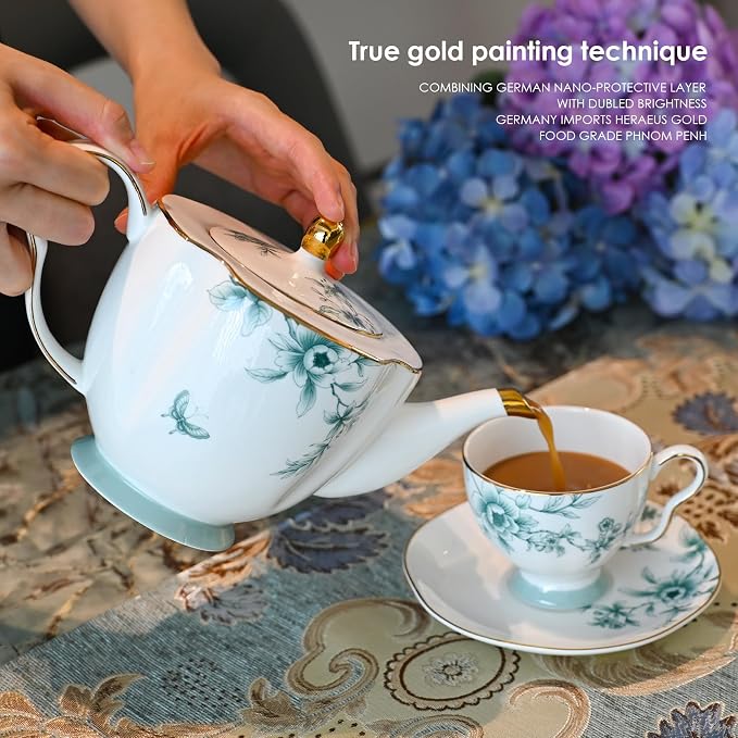 ACMLIFE Tea Set for Adults, Blue and White Bone China Porcelain Tea Set for 6, Vintage Floral Tea Cup Set With Teapot, Tea Party Sets for Women Gift, Mother's Day (Blue-Leaf)