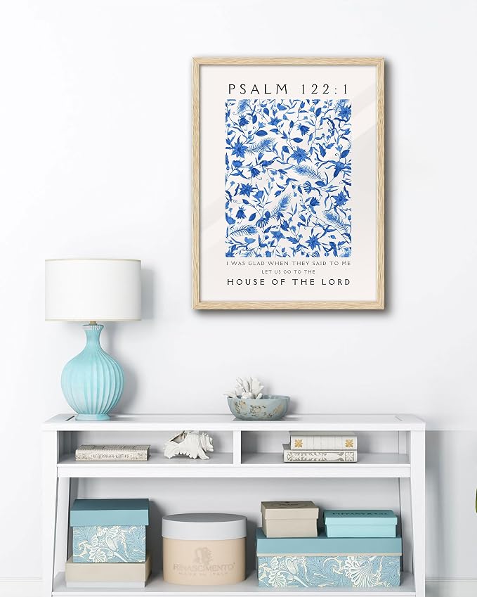 EcoHest 12x16 in Psalm 122:1 Blue Floral Framed Christian Wall Art | Natural Oak Wood Frame with Canvas Wall Art, Botanical Scripture Wall Decor for Bedroom, Living Room, Office, Church, 1Pack