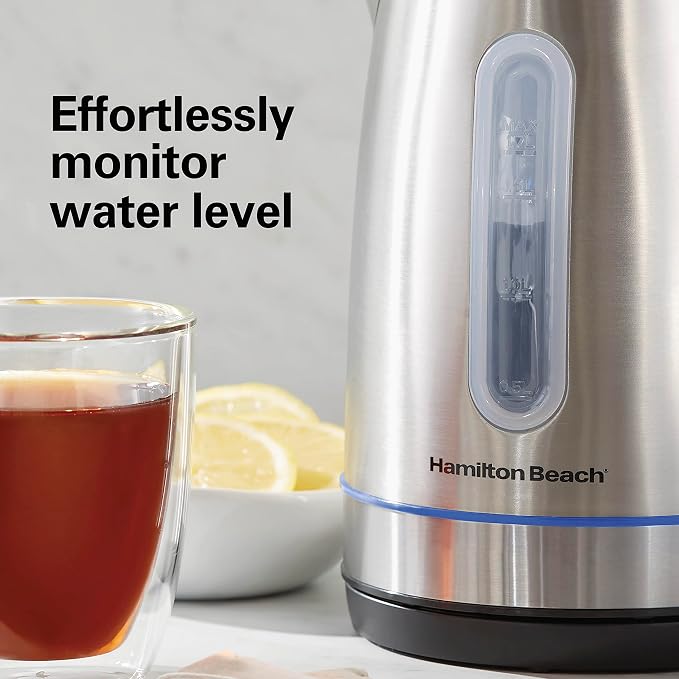 Hamilton Beach Electric Tea Kettle, Water Boiler & Heater, 1.7 Liter, Cordless Serving, 1500 Watts for Fast Boiling, Auto-Shutoff and Boil-Dry Protection, Stainless Steel with LED Light Ring (41037)
