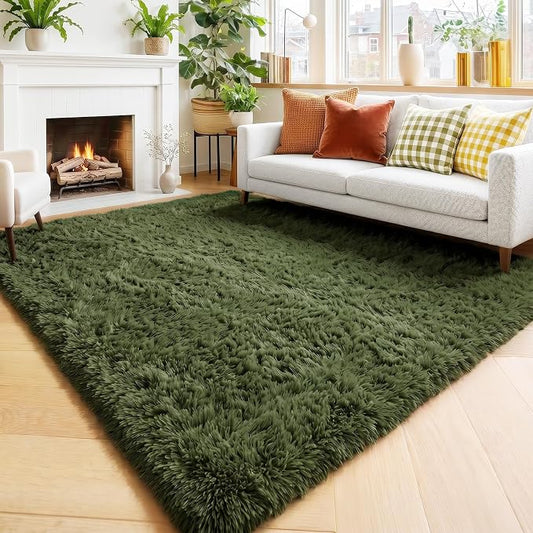 Amdrebio Olive Green Shag Plush Area Rug 4x6 for Bedroom Living Room Dorm | Fluffy Shaggy Fuzzy Soft Carpet, Nursery Office Classroom Reading Nook Decor, Vintage Rustic Farmhouse Aesthetic, Dark Green