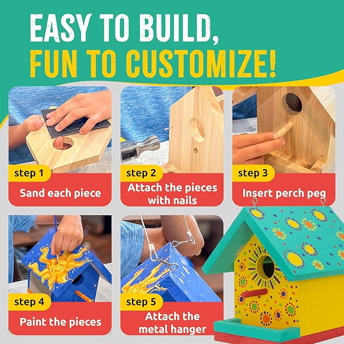Jr Bird House Kit, DIY Cedar Wood Birdhouse for Outdoors with Paint, Fun for Kids & Adults, Bird House Making Kit for All Ages (1-Pack)