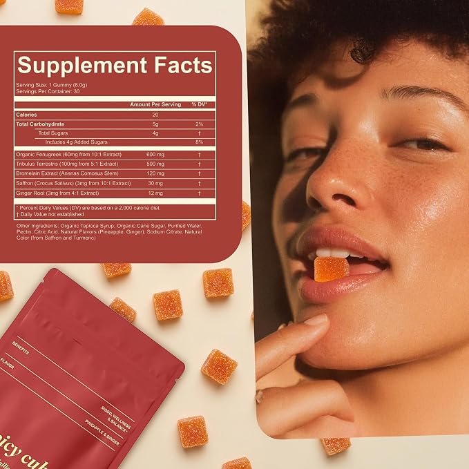 Spicy Cubes Dailies for Her – Feminine Balance Wellness Gummies with Saffron & Fenugreek – Natural Mood Support, Female Vitality & Energy – Tropical Pineapple Ginger Flavor, Plant-Based (30 Gummies)