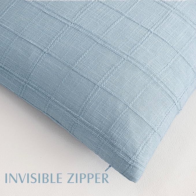 Foindtower Set of 2 Decorative Linen Check Throw Pillow Covers Neutral Farmhouse Vintage Cushion Covers Modern Boho Accent Home Decor for Sofa Chair Couch Bedroom Living Room,24×24 Inch,Sky Blue