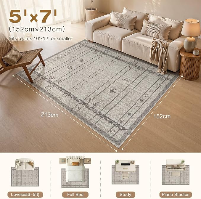 cotiled 5x7 Area Rugs Living Room Rug: Washable Boho Rugs with Non Slip Backing Large Soft Indoor Stain Resistant Carpet for Bedroom Farmhouse Dining Room Lightweight Home Decor Grey Brown