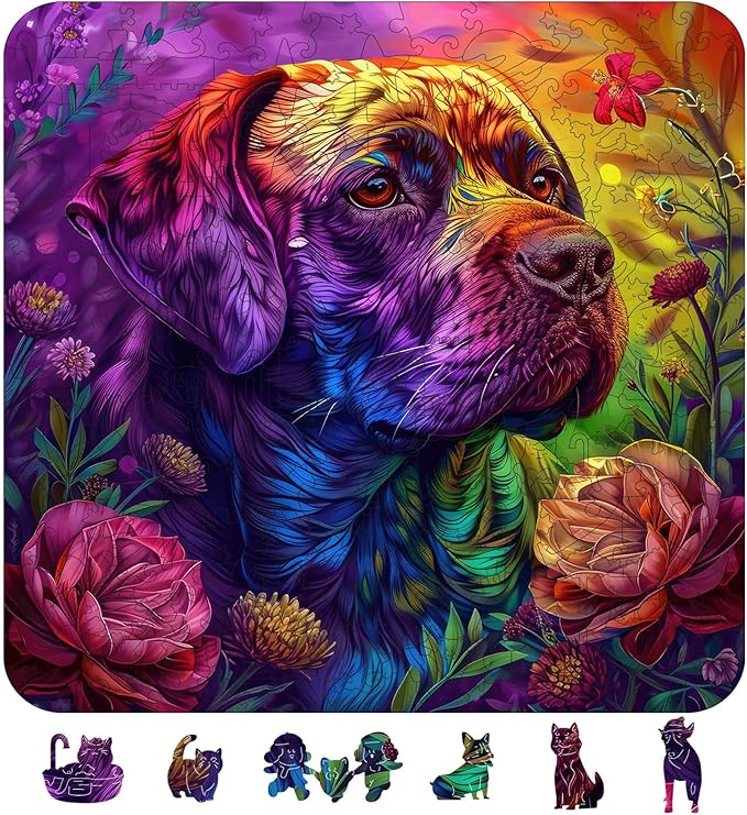 Qiuenisray Wooden Puzzles for Adults, Painted Labrador Jigsaw Puzzle 200 Pieces, FSC Certified Unique Shape Animal Wood Adult Puzzles, Best Gift for Family Game 11.2x11.2 in