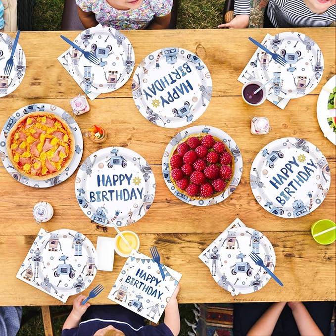 96Pcs Robot Birthday Party Decorations Happy Robot Birthday Plates and Napkins Tableware Set Blue Robots Shape Themed Decorations Favors for Boys Kids Baby Shower Gender Reveal Supplies Serves 24