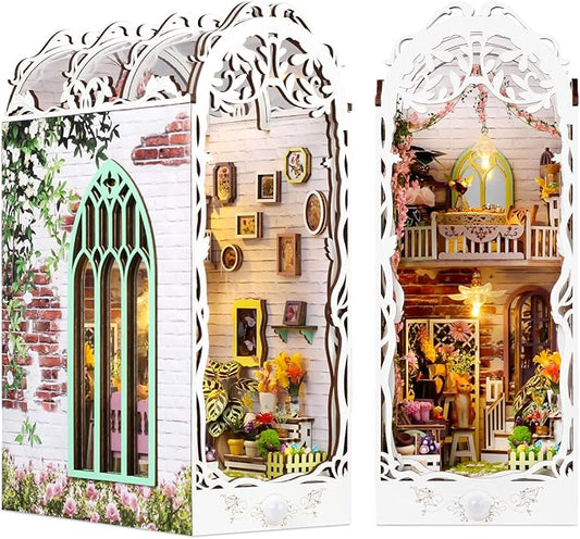 Foyucool Book Nook Kit - DIY Miniature Dollhouse Kits for Adults, Booknook Bookshelf Insert with LED Light, 3D Wooden Puzzle Bookend Insert, Hobbies Gifts for Family and Friends, Flower House