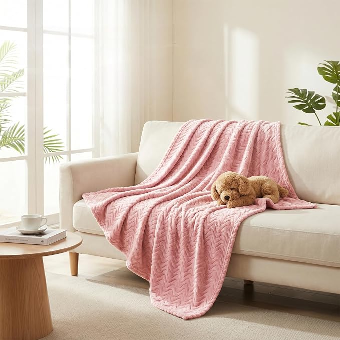 Exclusivo Mezcla Soft Fleece Blanket Queen Size for Bed, Sofa, Pink | 90"x90" Breathable Lightweight Flannel Blanket for Summer, Plush Cozy Jacquard Wave for Home Decor