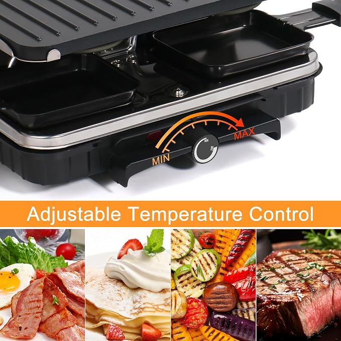 Electric Raclette Table Grill, 2 in 1 Korean BBQ Grill & Smokeless Indoor Grill, Nonstick Griddle with 8 Raclette Cheese Pans, Adjustable Temp Control, 1300W, KBBQ Party Grill for Family Gatherings