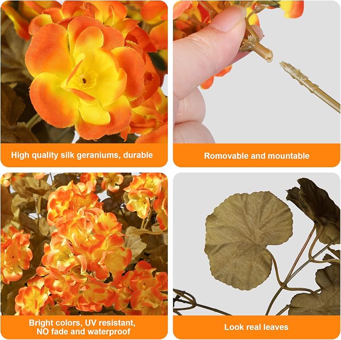 Fake Geraniums Artificial Flowers for Outdoors Autumn Decoration, 6 Bundles Silk Geraniums Look Real Faux Fall Flowers Plants for Front Door Garden Planter Patio Balcony Yard Home Indoor, OrangeYellow