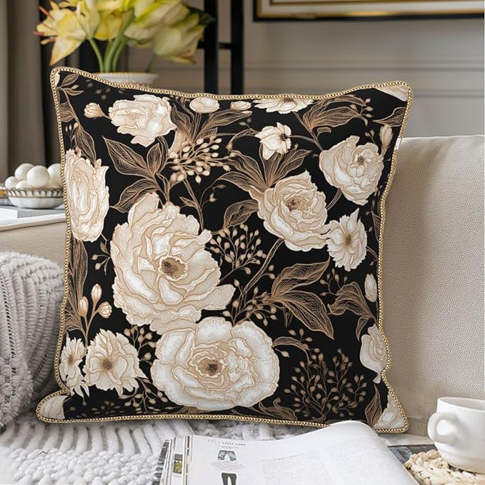 Vintage Peonies Roses Flower Velvet Pillow Covers 16x16 Inch Gold White Aesthetic Floral Leaves Throw Pillows For Couch Cushion Covers Pillowcase Farmhouse Pillow Cases for Sofa Bed Living Room