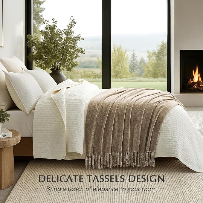 Chenille Knit Throw Blanket for Couch, 50"x60", Beige | Cozy Plush Fuzzy Knittd Throw with Tassels, Lightweight, Decorative, Farmhouse Decor, Ideal for Bed Sofa Gift, All Seasons