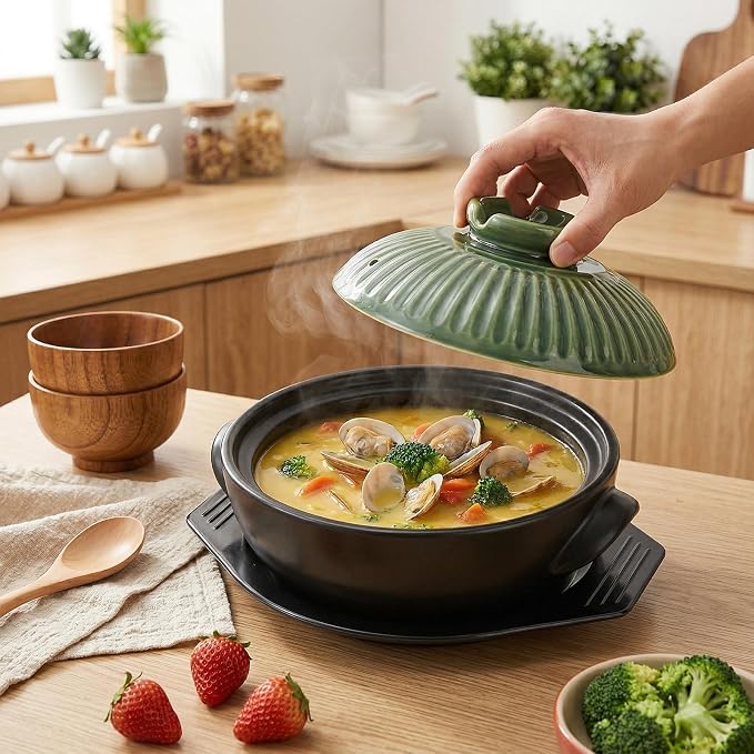 Okllen Large Korean Ceramic Bowl with Lid and Trivet, 54 oz Clay Pot for Cooking, Sizzling Hot Pot for Dolsot Bibimbap, Soup, Casserole, Rice, Stew, Noodle，Retro Green