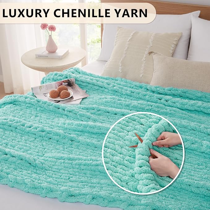 L'AGRATY Chunky Knit Throw Blanket for Couch, 60 x 80 Inches, Lake Blue | Handmade Chenille Crochet Blanket for Sofa Bed, Thick Cable Knitted Blankets for Room Home Decor, Birthday Gift for Women Mom