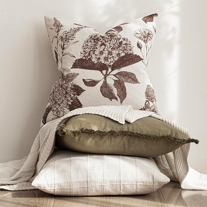 Foindtower Set of 2 Linen Floral Throw Pillow Covers Neutral Vintage Print Decorative Cushion Covers Farmhouse Boho Home Decor for Sofa Chair Couch Bedroom Living Room,18×18 Inch,Dark Brown