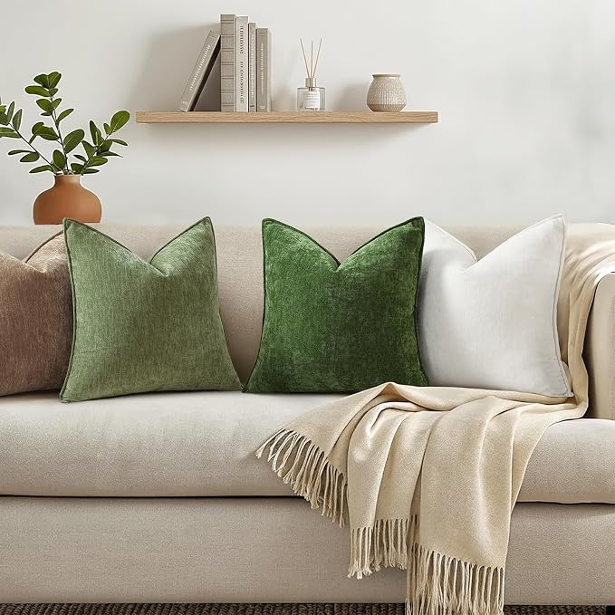 decorUhome Chenille Olive Green Velvet Throw Pillow Covers 22x22 Set of 2 | Fall Soft Euro Sham Couch Decorative Modern Farmhouse Pillow Cases with Elegant Design for Sofa Bed Living Room Home Decor