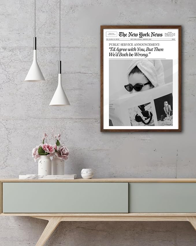 EcoHest 12x16 in Cool Girl Newspaper Framed Wall Art for Bedroom | Walnut Color Solid Oak Frame, Canvas Wall Art, Girly Fashion Magazine Decor for Bedroom, Apartment, Dorm, College Room, 1Pack