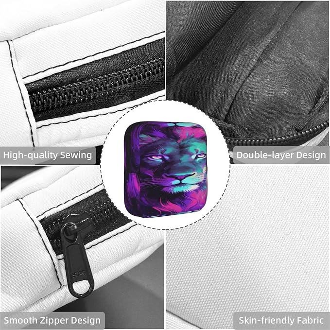 Portable Sanitary Napkin Pouch Rainbow Neon Lion Purple, Cute Polyester Feminine Care Bag with Zipper, Ideal Gifts for Ladies Outdoor Travel