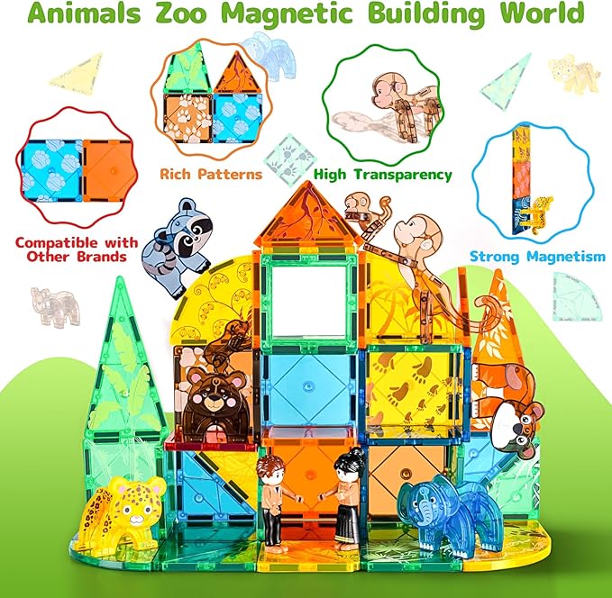 Magnetic Tiles Animals Jungle Gifts Building Sets,Toddler Toys for Kids Ages 4-8,Forest Montessori Magnet Tiles Set, Safari Zoo Animal Toys,STEM Construction Blocks for Toddlers 3-5