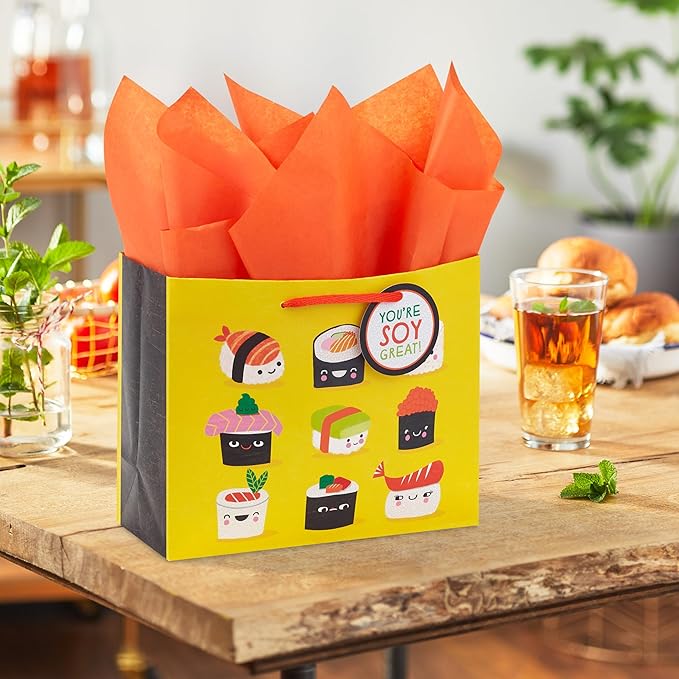 Hallmark 7" Medium Horizontal Gift Bag with Tissue Paper and Gift Tag (Sushi, You're Soy Great!) for Birthdays, Graduations, Congrats, Thank You