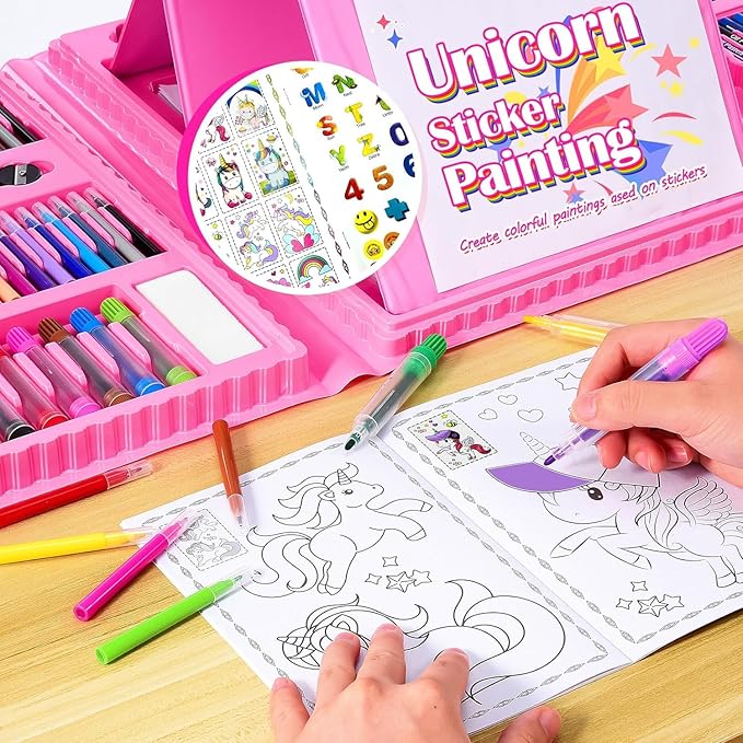 Art Supplies, Art Kits Arts and Crafts for Kids Age 4-6 6-8 8-12 with Trifold Easel,Includes Sketch Pads,Oil Pastels,Crayons,Colored Pencils,Drawing Set for 3-12 Year Olds Girls Boys (Unicon-Pink)