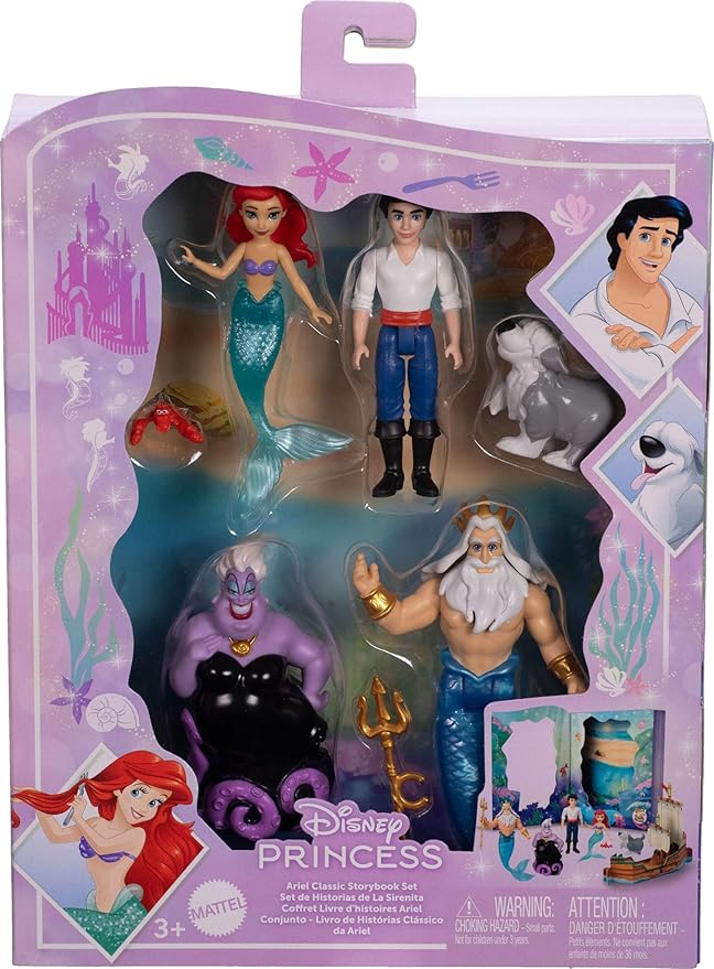 Mattel Disney Princess Toys, Ariel Mermaid Doll Story Set with 4 Small Dolls, 2 Animal Figures & 1 Accessory, Inspired by Disney The Little Mermaid