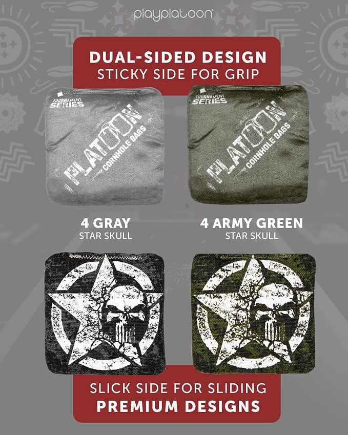 Play Platoon Pro Cornhole Bags Set of 8 - Professional Dual Sided Slick and Sticky Side Competition Corn Hole Bags - Tournament Series