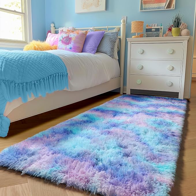 PAGISOFE Adorable Rainbow Runner Rugs for Girls Bedroom Hallway Plush Fluffy Purple Rug 2x6 Ft, Soft Carpet for Kids Room, Non-Slip Indoor Mermaid Rugs for Nursery Kids Girls Room Home Decor Sturdy
