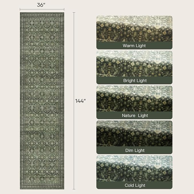 3' X 12' Area Rugs for Hallways, Green Washable Non-Slip Kitchen Runner Rug | Low Pile Runner Rugs, Soft Carpet for Kitchen Bathroom Bedroom Laundry, Stain Resistant Foldable Vintage Distressed Rug