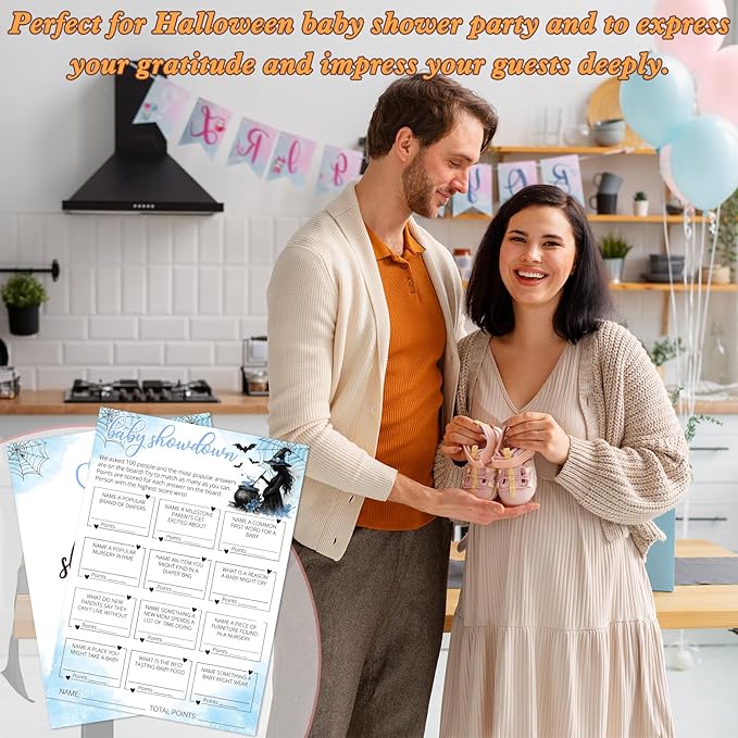 Hilarious Baby Shower Games, 25 Sets Halloween Baby Showdown + Answer Card, Blue Witch Gender Reveal Game Cards for Party Announcement Supplies - B10