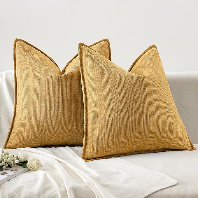 MIULEE Pack of 2 Gold Decorative Chenille Pillow Covers 16x16 Inch | Soft Couch Throw Pillows,Farmhouse Cushion Covers with Elegant Design for Sofa,Bedroom,Living Room,Spring Home Decor