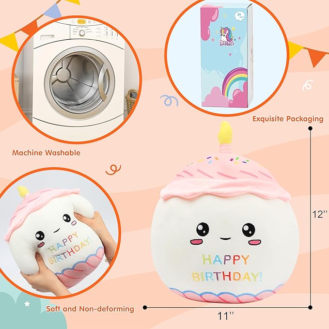 Easfan 12'' Birthday Cake Plush Pillow Soft Cake Plush Toy Cute Stuffed Animal Home Room Decoration Birthday Gifts for Kids Toddlers, Pink