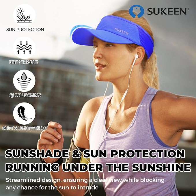 Sukeen Lightweight Sports Sun Visor Hat for Men Women | Packable, breathable, quick-dry, UPF50+ cooling visor hat, stretch fit, for running, tennis, golf, pickleball, softball