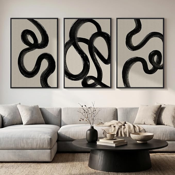 Large Framed Black and White Abstract Wall Art for Living Room, Set of 3 Modern Minimalist Canvas Prints Paintings Artwork for Walls, Neutral Pictures Wall Decor for Bedroom Hallway Office, 24x36 In
