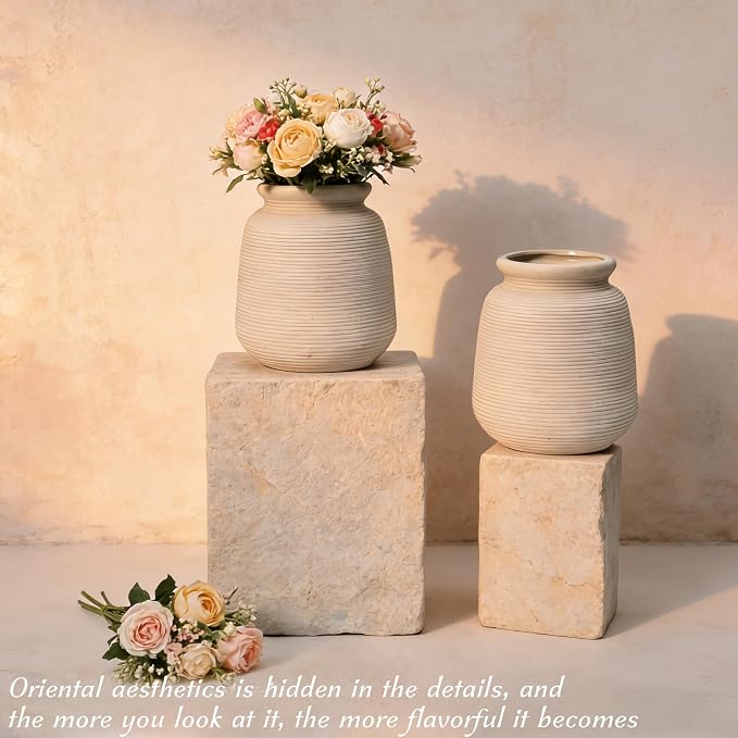 Ceramic Vase Set of 2, 7.1" Handcrafted Rustic Flower Vases for Modern Home Decor, Boho Farmhouse Decorative Vases for Living Room, Table, Shelf, Ideal Gift for Mother's Day, Birthday, Housewarming