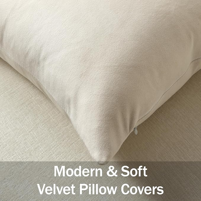 Throw Pillow Covers 22x22 Cream: Pack of 2 Cozy Soft Velvet Square Modern Luxury Decorative Throw Pillow Cases for Sofa Couch Living Room Bed Home Decor