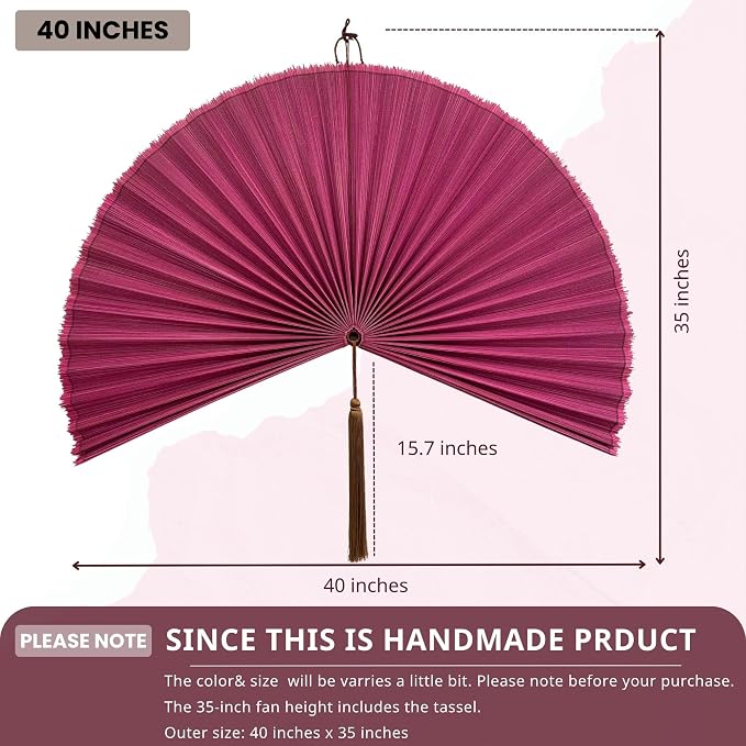 ChumDecor Bamboo Fan Wall Decor, Japanese Wall Fan Decoration, Pink 48 in | Large Oversized Oriental and Asian Style Hanging Decoration for Above the Bed Headboard or an Empty Living Room Space