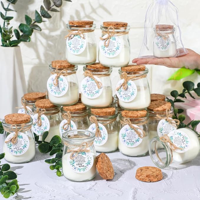 Threlaco 20 Pcs Leaf Baby Shower Favors Party Candle Lavender Scented Glass Mason Jar Wax Candle Bulk for Guests Girl Boy Gender Reveal Party Gifts(Green)