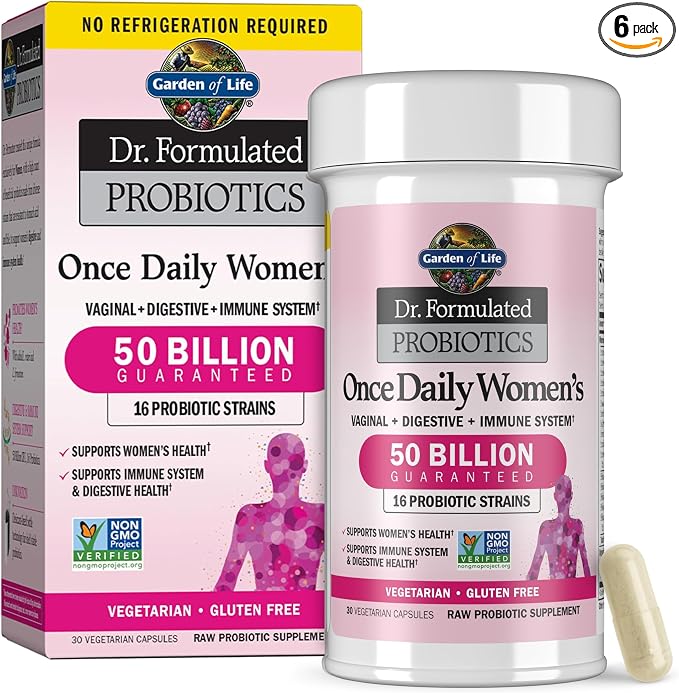 Garden of Life Once Daily Dr.Formulated Probiotics for Women 50 Billion CFU 16 Probiotic Strains with Organic for Digestive,Vaginal & Immune Health,Dairy Free,Shelf Stable 30 Capsules (Pack of 6)