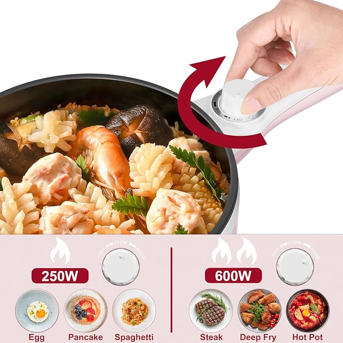 Dezin Electric Pot with Steamer, 1.5L Non-Stick Portable Hot Pot Electric | Dual Power, Upgraded 600W Electric Pot for Cooking Steak, Egg, Soup, Ramen Cooker for Dorm, Travel, RV, Office, Pink Pan