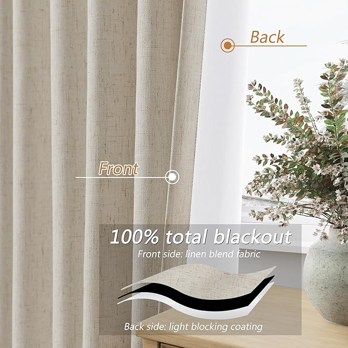 Guken Extra Long 100% Blackout Linen Curtains for Bedroom 120 inches Long, Thermal Insulated Room Darkening Black Out Drapes for Living Room, Back Tab Rod Pocket 2 Panels Set,Taupe Burlywood,52x120