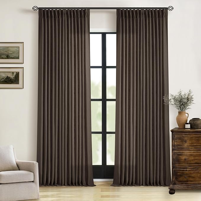 Dark Chocolate 96 Inch Pinch Pleated Semi Sheer Linen Curtains 2 Panels | for Living Room Bedroom, Memory Training Shaped, Light Filtering, Pinch Pleat Drapes with Hooks Rings, Window Curtains 40x96